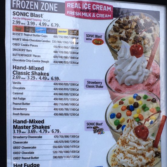 Sonic Shake Menu With Prices