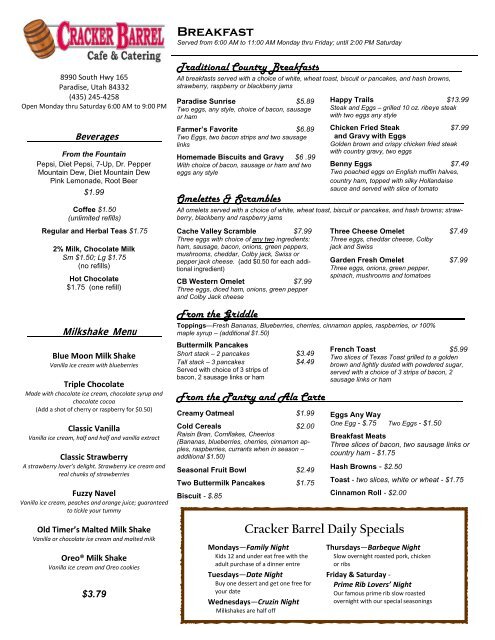 Cracker Barrel Daily Specials Menu With Prices