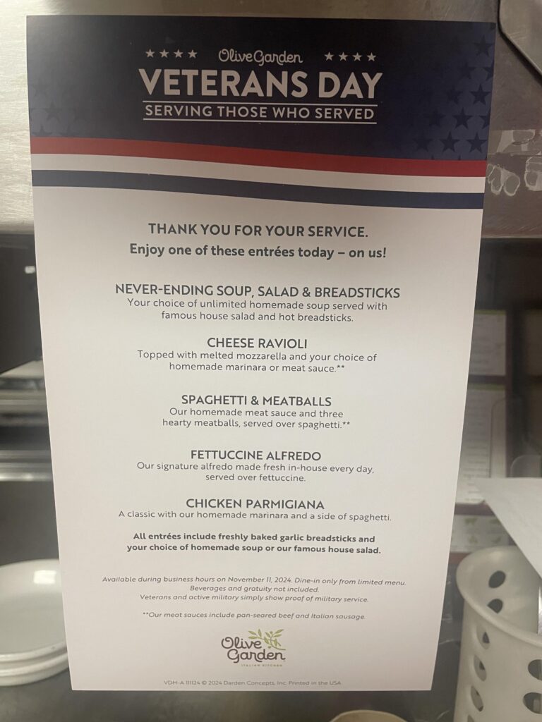 Olive Garden Veterans Day Menu