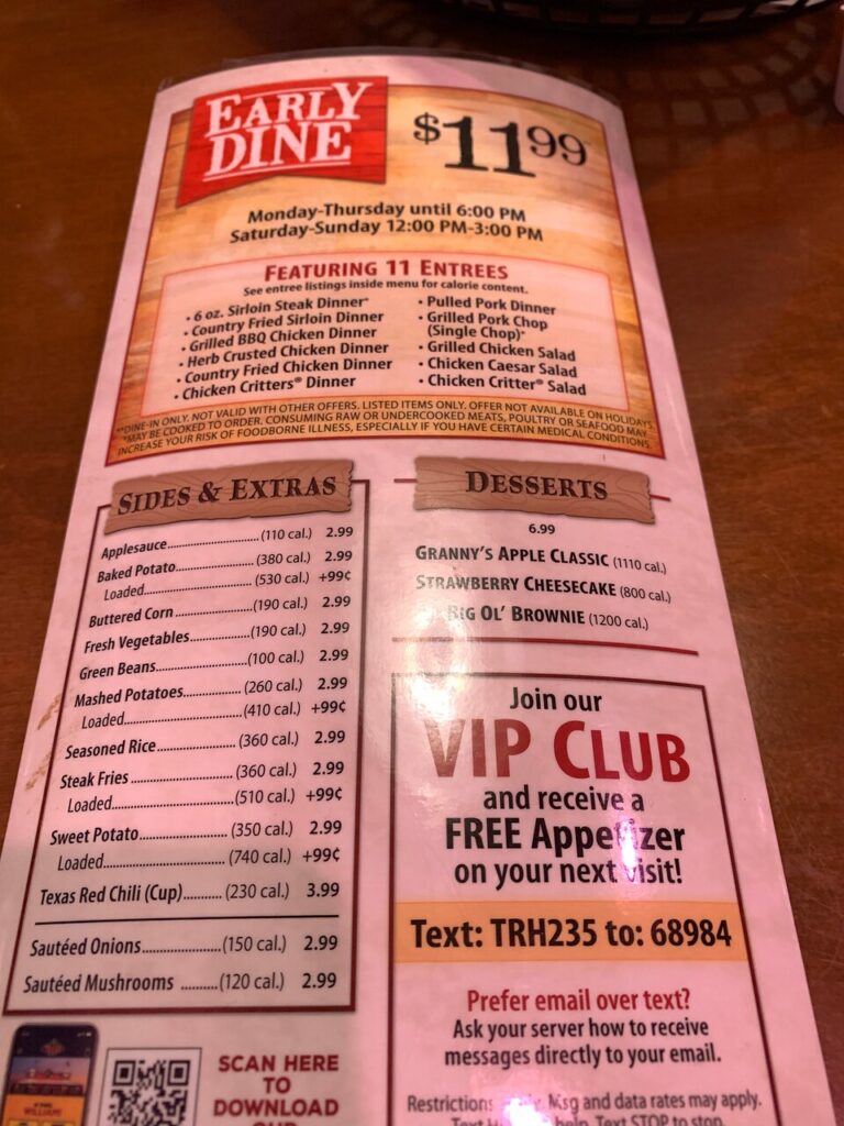 Texas Roadhouse Early Bird Special Menu